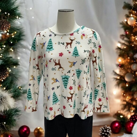 Christmas Holiday Long Sleeve Top Festive Deer Tree Festive Cozy Winter Party - Picture 1 of 9